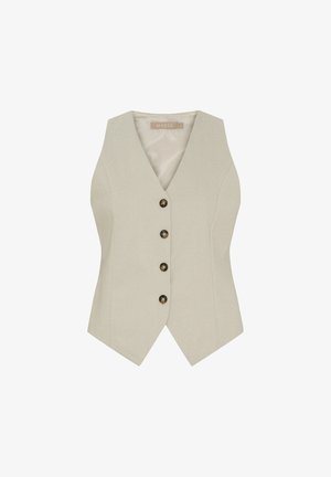 Beige ærmeløs vest med et diskret fiskegræsmønster, fire mørke knapper foran og en V-halsudskæring.