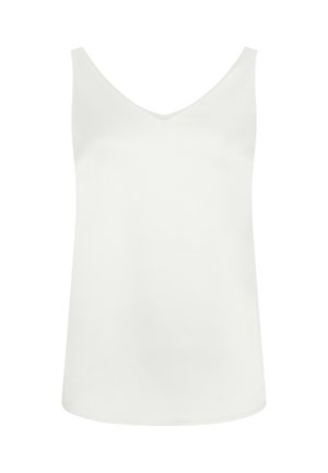 White sleeveless V-neck top with a slightly curved hem, displayed on a plain white background.