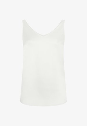 White sleeveless V-neck top with a slightly curved hem, displayed on a plain white background.