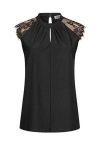 Top noir sans manches avec un décolleté en trou de serrure ; accents en dentelle sur les épaules ; tissu doux et drapé ; texture lisse.