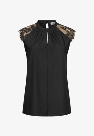 Juodas be rankovių megztinis su raktų skylutės iškirpte; nėrinių akcentai ant pečių; minkšta, sukrauta medžiaga; lygi tekstūra.