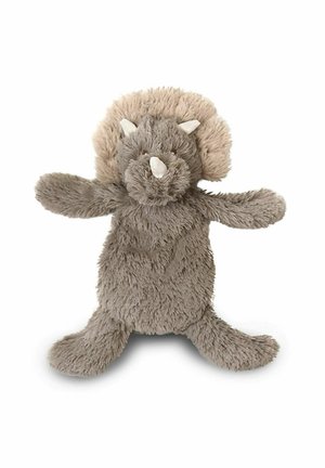 Peluché doux gris en forme de dinosaure tricératops avec trois cornes blanches et un col beige autour de la tête.