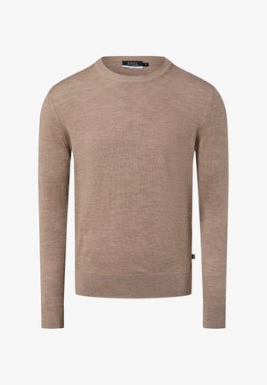 Beiger Pullover mit Rundhalsausschnitt aus leichtem Strick, mit langen Ärmeln und gerippten Bündchen und Saum. Schlichtes Design ohne Muster oder Akzente.