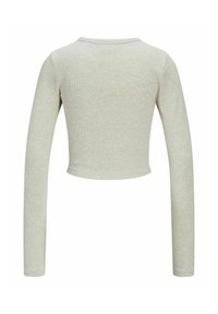 Lys grå langermet cropped genser med ribbet tekstur og rund hals, med tettsittende ermer og rett kant.