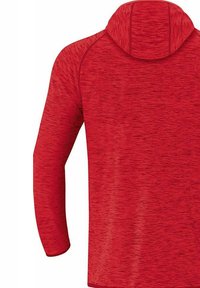 Felpa rossa con maniche lunghe realizzata in tessuto testurizzato con un sottile motivo mélange. Presenta un cappuccio arrotondato e maniche a raglan per una maggiore flessibilità.