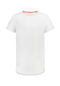 White short-sleeve T-shirt featuring a round neckline with an orange accent. Made of soft fabric, it has a relaxed fit and a curved hem.
