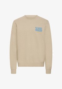 Sudadera beige con cuello redondo, mangas largas y texto azul "SUNNY MOOD" en el pecho izquierdo.