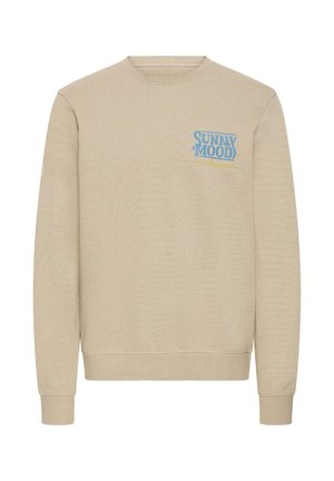 Sweat-shirt beige à col rond avec manches longues et texte bleu "SUNNY MOOD" sur le côté gauche de la poitrine.