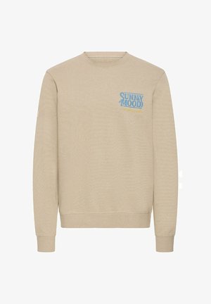 Bézs színű, hosszú ujjú, kerek nyakú pulóver kék "SUNNY MOOD" felirattal a bal mellrészen.