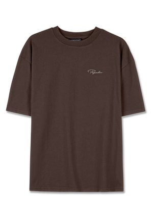 Brown cotton t-shirt with short sleeves and a crew neck. Features a subtle logo in lighter color on the chest. Simple, unadorned design.