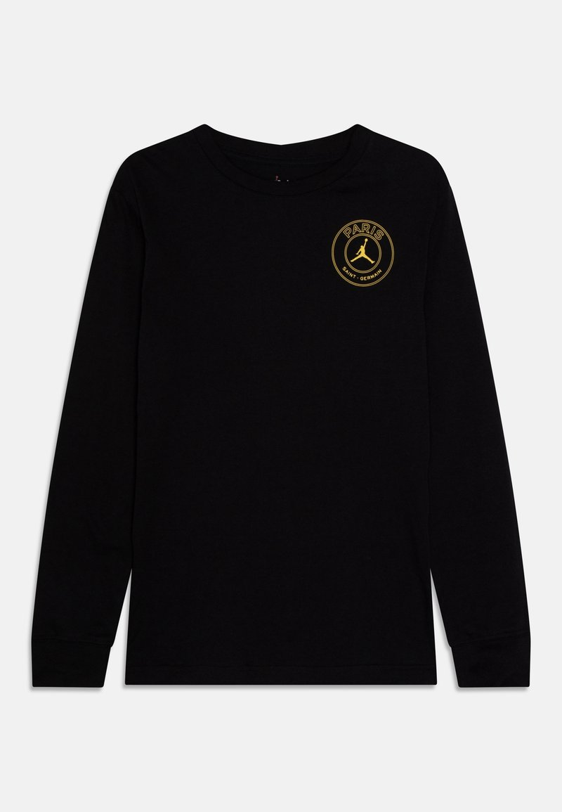 Camiseta negra de manga larga hecha de algodón, con un logotipo redondo dorado que incluye el texto "PARÍS" y un diseño de silueta en el pecho izquierdo.