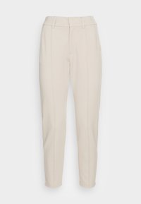Béžové kalhoty na míru s vysokým pasem, s předními sklady, tapered nohavicemi a hladkou bavlněnou směsí.