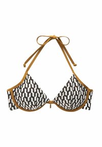 Czarnoskalowa bikini z trójkątnym kształtem, brązowymi akcentami na ramiączkach i centralną kokardką. Regulowane zapięcia na szyi.