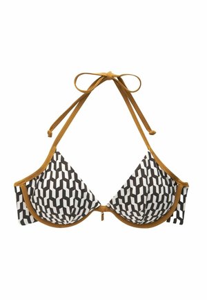 Czarnoskalowa bikini z trójkątnym kształtem, brązowymi akcentami na ramiączkach i centralną kokardką. Regulowane zapięcia na szyi.