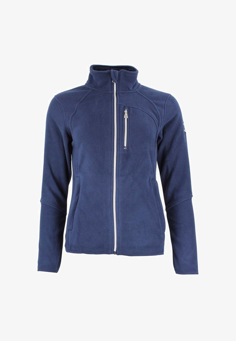 Veste polaire bleu marine avec un col montant, fermeture éclair complète à l'avant, poches latérales et une petite poche poitrine zippée. Texture lisse et coupe ajustée.