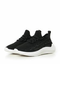 Scarpe atletiche nere con una parte superiore in maglia testurizzata e suola in gomma bianca. Caratterizzate da una punta arrotondata, un colletto imbottito e lacci piatti.