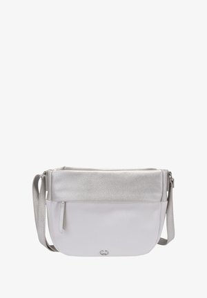 Crossbody tas in gestructureerd metallic zilver met een gladde witte onderkant. Beschikt over een ritssluiting en een verstelbare schouderband voor gemak.