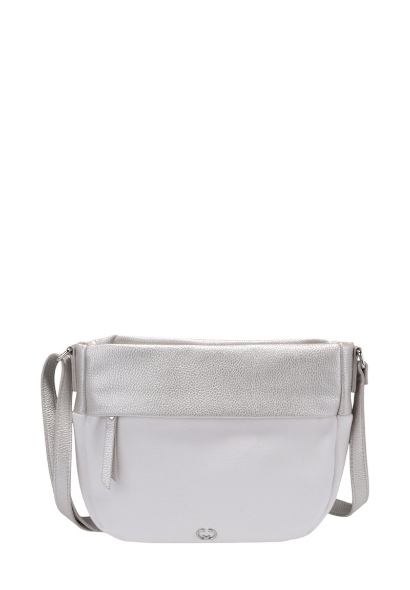 Torebka crossbody w teksturowanym metalicznym srebrze z gładką białą dolną częścią. Posiada zamek błyskawiczny oraz regulowany pasek dla wygody.