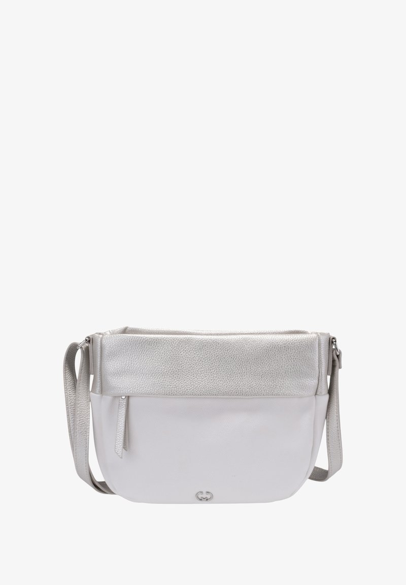 Borsa a tracolla in argento metallico testurizzato con una parte inferiore bianca liscia. Caratterizzata da una chiusura con zip e una tracolla regolabile per maggiore comodità.