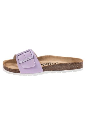 Lilla rutsjesandal med en bred rem og justerbar spænde. Korkfodbed og hvid gummisål. Glat tekstur og flad design.