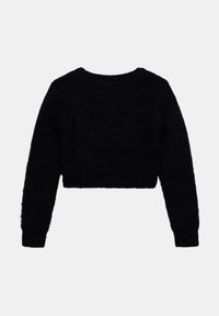Maglione cropped nero con maniche lunghe; texture morbida e pelosa; scollo rotondo; design semplice, senza motivi o accenti visibili.
