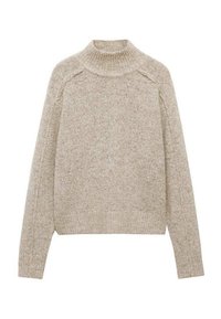 Beige neulepusero, jossa on korkea kaulus, raglan-hihat ja teksturoitu pinta. Mukautuva helma ja hihansuut luovat pehmeän ja kotoisan ilmeen.