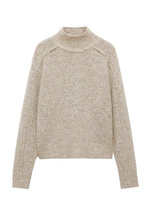 Beige knitted sweater with a high neck, raglan sleeves, and a textured finish. Fitted hem and cuffs with a soft, cozy appearance.