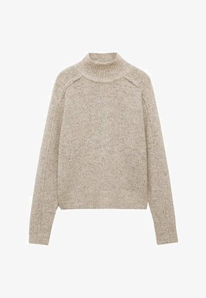 Bežový pletený sveter s vysokým golierom, raglánovými rukávmi a textúrovaným povrchom. Priliehavý spodný lem a manžety s jemným, útulným vzhľadom.