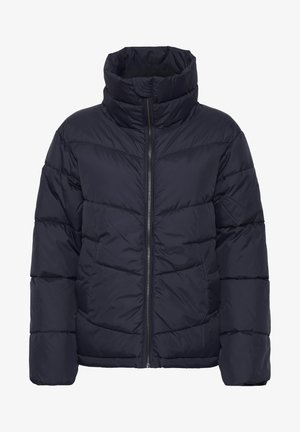 Navyblaue Steppjacke mit hohem Kragen, Reißverschluss und gestepptem Design. Verfügt über gepolsterte Bereiche für Isolierung und eine glatte Textur.