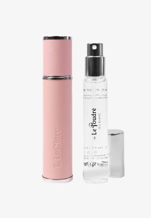 Pink cylindrical T. LeClerc perfume atomizer case next to a clear Le Poudré Iris Blanc spray bottle with silver cap removed.