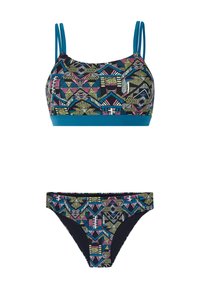Bikini-set som innehåller en mönstrad svart topp och bottendel med geometriska mönster i gröna, rosa och blå accenter; justerbara spaghettiband.