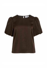 Donkerbruin blouse met korte mouwen, met pofmouwen, een ronde halslijn en een knoopsluiting aan de achterzijde.