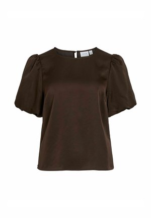 Blouse courte à manches bouffantes de couleur marron foncé, avec un col rond et une fermeture à boutons au dos.
