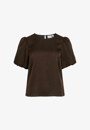 Blusa corta de mangas abullonadas en marrón oscuro, con cuello redondo y cierre de botón en la parte posterior.