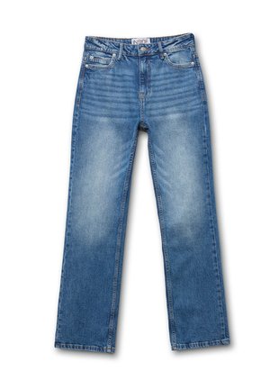 Jeans de mezclilla azul con diseño de pierna recta, ligero desgaste, estilo de cinco bolsillos y una etiqueta en la cinturilla que dice "INSIDE."