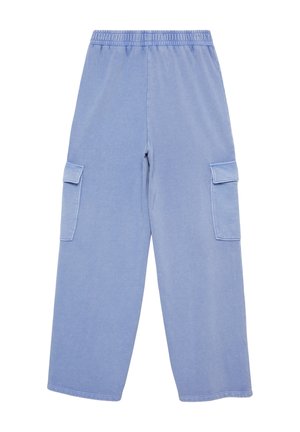 Blaue Cargo-Hosen aus weichem Material, mit einem elastischen Bund, weiten Beinen und zwei seitlichen Cargo-Taschen.