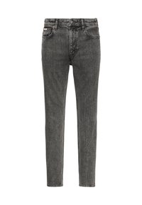 Μαύρα πλυμένα τζιν στενής εφαρμογής με μπροστινό κούμπωμα με κουμπιά και φερμουάρ, πέντε τσέπες και θηλιές για ζώνη.