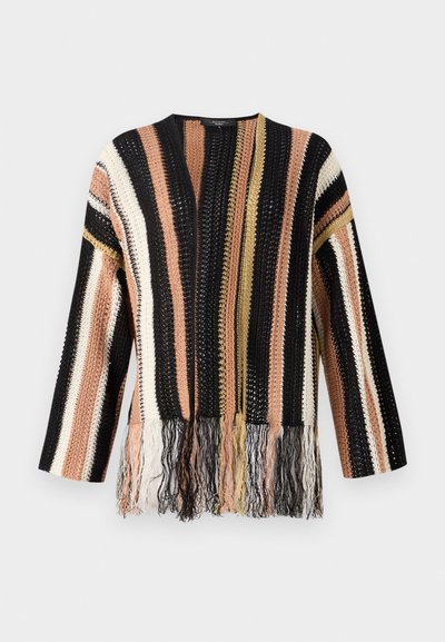 Pull en tricot avec des rayures multicolores en noir, pêche, crème et or. Possède des détails à franges à l'ourlet et un col rond.
