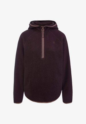 Diep paarse fleece hoodie met een half-rits ontwerp, voorzien van een bruine bies langs de rits en onderrand, en raglan mouwconstructie.