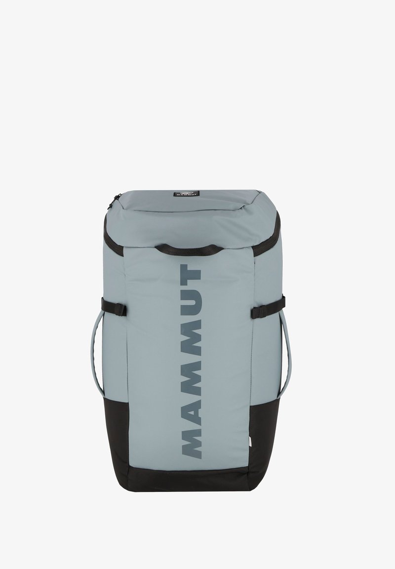 Light gray backpack with black base, featuring a top zipper, adjustable side straps, and prominent black "MAMMUT" logo on the front.