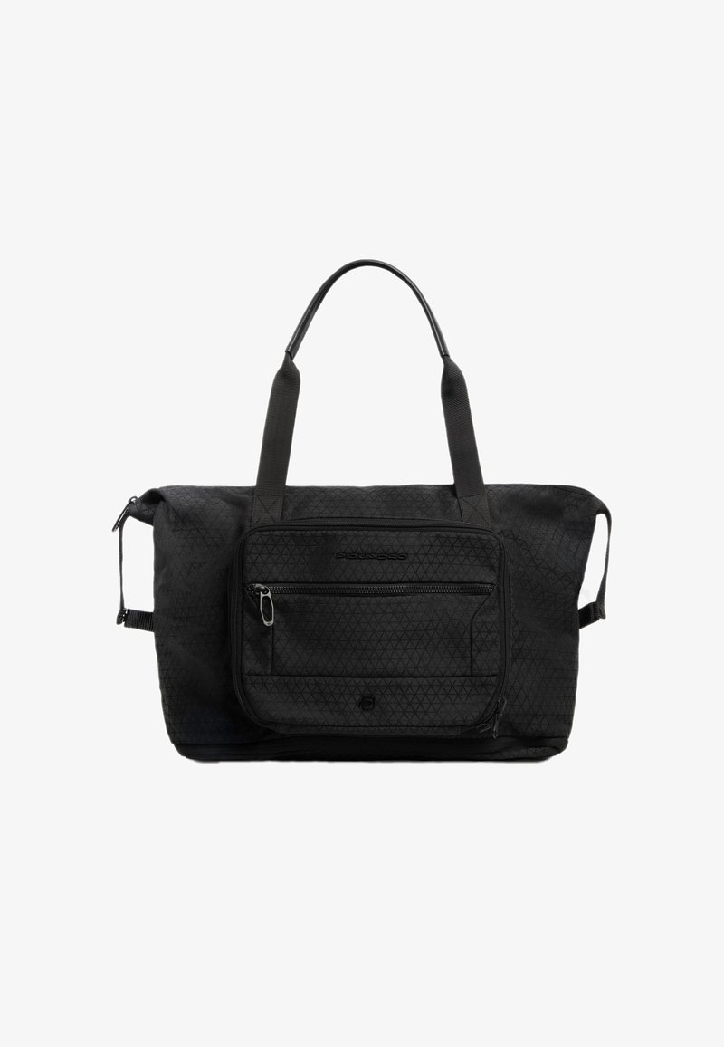 Bolsa de lona negra con patrón triangular texturizado, dos asas superiores, bolsillo delantero con cremallera y correas laterales ajustables. Construcción de tela duradera.