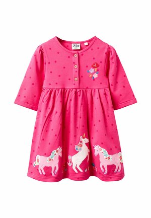Rosenrotes Baumwollkleid mit langen Ärmeln, rundem Halsauschnitt, Punktemuster, Knopfverschluss und Einhornstickerei am Saum.