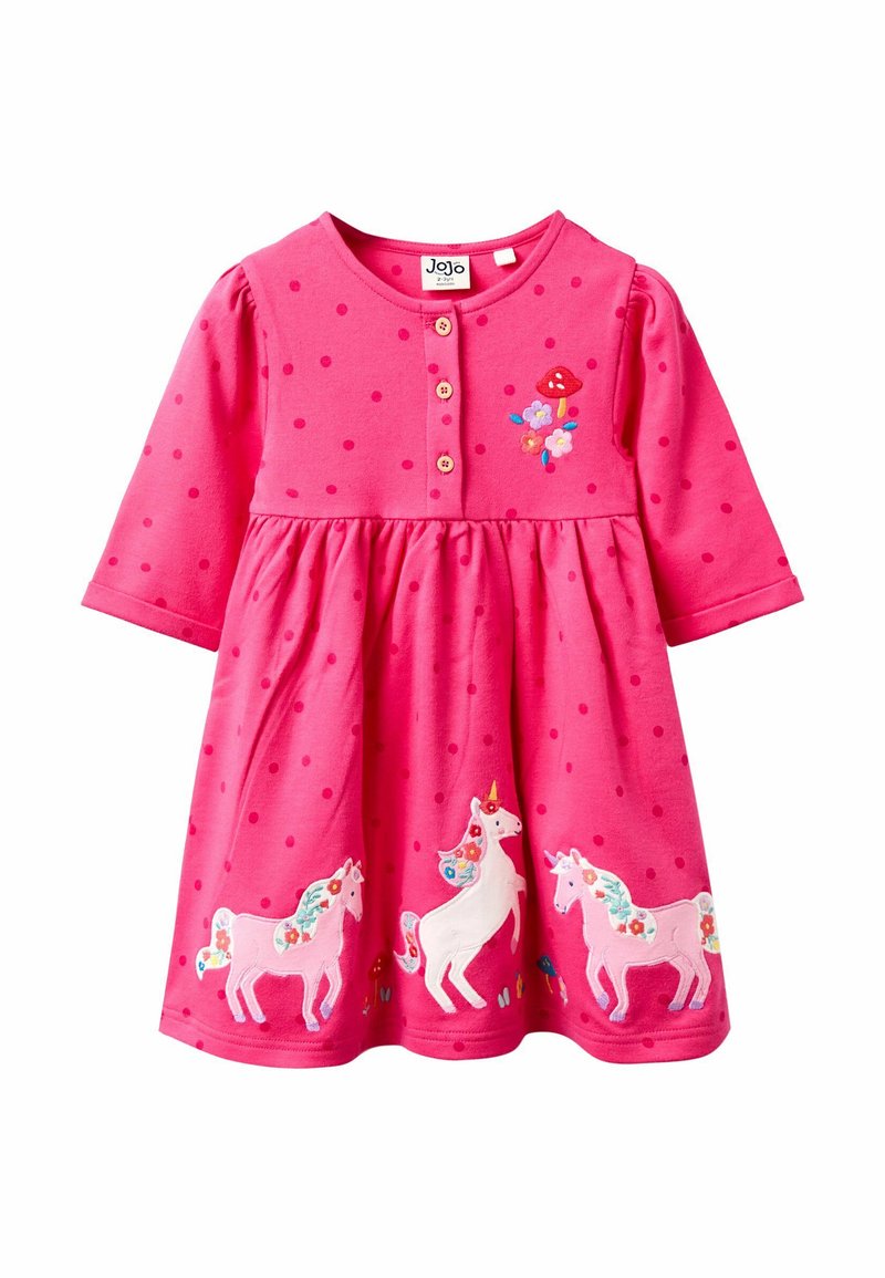 Rosenrotes Baumwollkleid mit langen Ärmeln, rundem Halsauschnitt, Punktemuster, Knopfverschluss und Einhornstickerei am Saum.