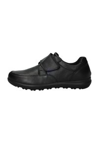 Zwarte leren schoen met ronde neus, klittenbandsluiting, getextureerde bovenkant, rubberen zool en laag profiel ontwerp. Geschikt voor casual gebruik.