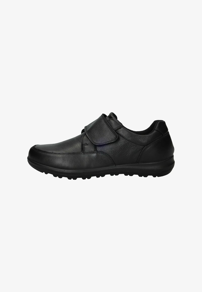 Zwarte leren schoen met ronde neus, klittenbandsluiting, getextureerde bovenkant, rubberen zool en laag profiel ontwerp. Geschikt voor casual gebruik.