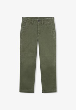 Olijfgroene broek van een gestructureerde stof, met schuine voorzakken en versterkte kniezakken. Middenhoogte, rechte pijpdesign.