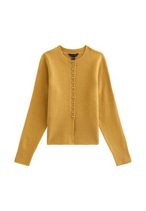 Maglione lavorato a maglia giallo senape con maniche lunghe, scollatura tonda e chiusura frontale con bottoni, caratterizzato da un pannello inferiore testurizzato e una parte superiore liscia.