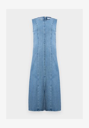 Ermeløs, lyseblå denimkjole med vertikale sømmer foran og glidelås bak, knelengde med rett snitt.