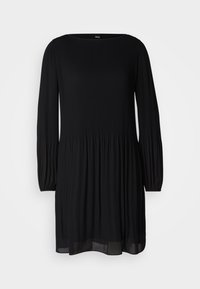 Robe plissée noire avec des manches longues et un col rond, présentant un corsage ajusté et une jupe fluide, confectionnée dans un tissu léger.