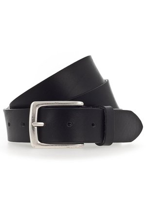 Schwarzer Leder Gürtel mit einer silbernen Metallschnalle, ausgestattet mit Löchern zur Anpassung, flachem Ende und durchgehend glatter Oberfläche.